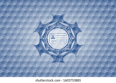 identification card icon inside blue emblem or badge with abstract geometric pattern background.