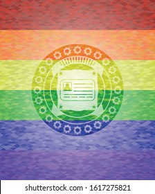 identification card icon inside emblem on mosaic background with the colors of the LGBT flag