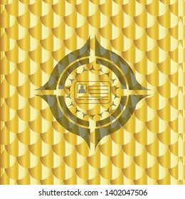 identification card icon inside gold emblem or badge. Scales pattern. Vector Illustration. Detailed.