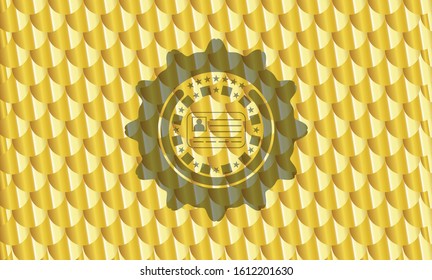 identification card icon inside gold shiny badge. Scales pattern. Vector Illustration. Detailed.