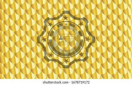 icono de tarjeta de identificación dentro del emblema dorado. Patrón de escalas. Ilustración vectorial. Detallado.