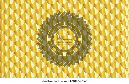 identification card icon inside gold shiny emblem. Scales pattern. Vector Illustration. Detailed.
