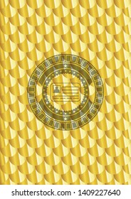 identification card icon inside golden emblem or badge. Scales pattern. Vector Illustration. Detailed.