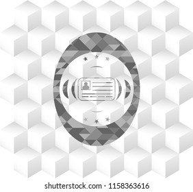 identification card icon inside grey emblem with cube white background
