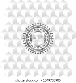 identification card icon inside grey badge with geometric cube white background