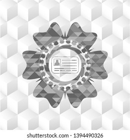 identification card icon inside grey badge with geometric cube white background