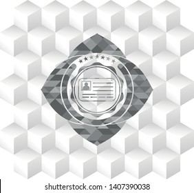 identification card icon inside grey badge with geometric cube white background