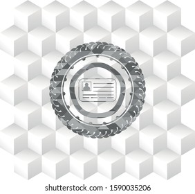 identification card icon inside grey badge with geometric cube white background