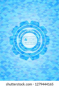 identification card icon inside light blue emblem. Mosaic background