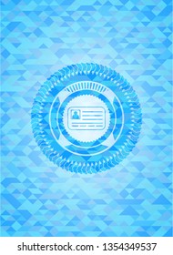 identification card icon inside light blue emblem. Mosaic background