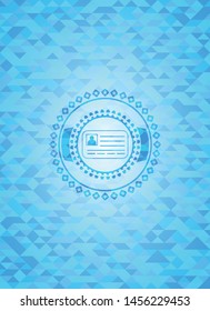 identification card icon inside light blue emblem. Mosaic background