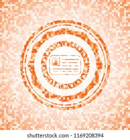 identification card icon inside orange tile background illustration. Square geometric mosaic seamless pattern with emblem inside.