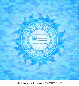 identification card icon inside realistic light blue mosaic emblem