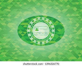 identification card icon inside realistic green emblem. Mosaic background