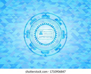 identification card icon inside realistic light blue mosaic emblem. 