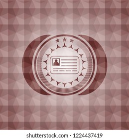 identification card icon inside red seamless emblem or badge with geometric pattern background.