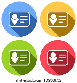 Identification card icon. Linear style. Set of white icons with long shadow on blue, orange, green and red colored circles. Sticker style