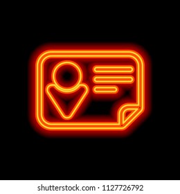 Identification card icon. Linear style. Orange neon style on black background. Light icon