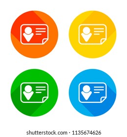 Identification card icon. Linear style. Flat white icon on colored circles background. Four different long shadows in each corners
