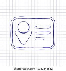 Identification card icon. Linear style. Hand drawn picture on paper sheet. Blue ink, outline sketch style. Doodle on checkered background