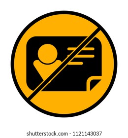 Identification card icon. not allowed, black object in warning sign with orange background color