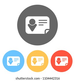Identification card icon. Set of white icons on colored circles