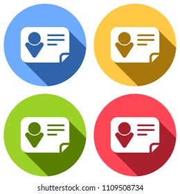 Identification card icon. Set of white icons with long shadow on blue, orange, green and red colored circles. Sticker style