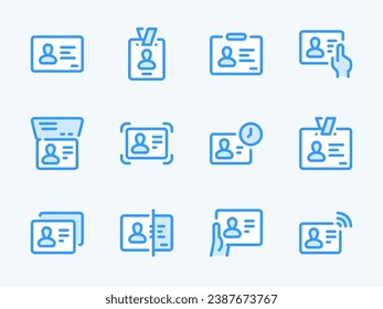 Iconos de línea vectorial de tarjeta de identificación y documento de identidad. Pasaporte, Licencia de controlador y conjunto de iconos de esquema de tarjeta de identificación. Insignia, pasaporte, credenciales, escaneo, identidad y más.