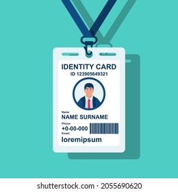 Identification Card Isolated On Background. With Permit. ID Card Icon. Vector Illustration, Flat Design Style. Personal Identification. Access Control. Sign Id Card. Personal Document.