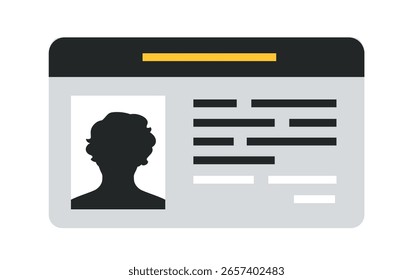 Identification card layout with black silhouette, text lines, and data fields on light background, symbolizing identity, credentials, or personal information. Vector illustration