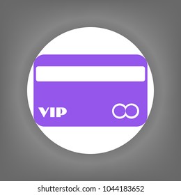 Identification card line icon. Vector. Violet icon on white circle with shadow at gray background.