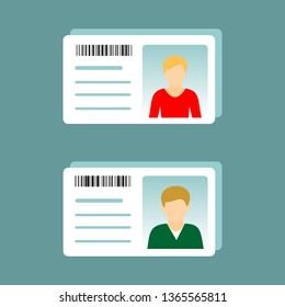 Identification card with personal info data. Identity document with person photo and text. Flat design, vector illustration on background.