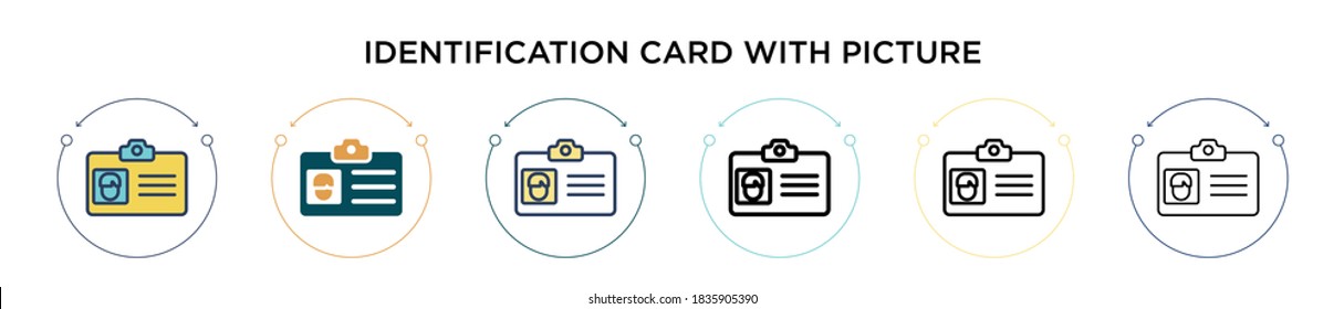 Identification card with picture icon in filled, thin line, outline and stroke style. Vector illustration of two colored and black identification card with picture vector icons designs can be used
