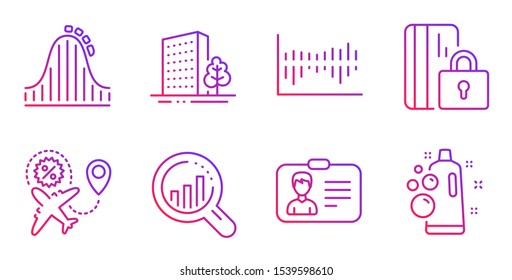 Identification card, Roller coaster and Blocked card line icons set. Column diagram, Buildings and Flight sale signs. Seo analysis, Clean bubbles symbols. Person document, Attraction park. Vector