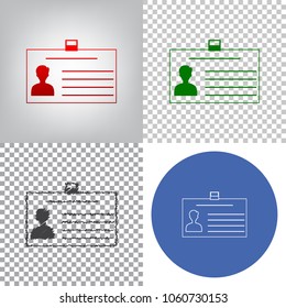 Identification card sign. Vector. 4 styles. Red gradient in radial lighted background, green flat and gray scribble icons on transparent and linear one in blue circle.