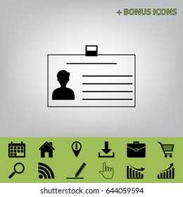 Identification card sign. Vector. Black icon at gray background with bonus icons