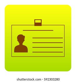 Identification card sign. Vector. Brown icon at green-yellow gradient square with rounded corners on white background. Isolated.