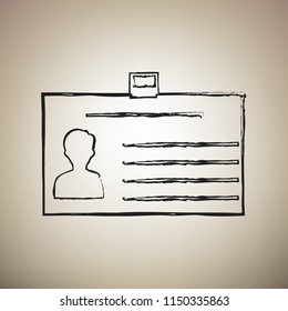 Identification card sign. Vector. Brush drawed black icon at light brown background.