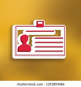 Identification card sign. Vector. Magenta icon with darker shadow, white sticker and black popart shadow on golden background.