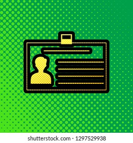 Identification card sign. Vector. Pop art orange to yellow dots-gradient icon with black contour at greenish background.