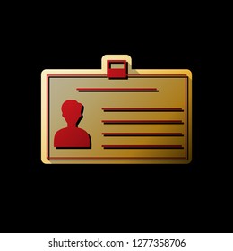 Identification card sign. Vector. Red icon with small black and limitless shadows at golden sticker on black background.