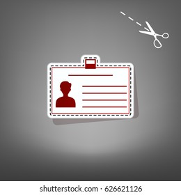 Identification card sign. Vector. Red icon with for applique from paper with shadow on gray background with scissors.