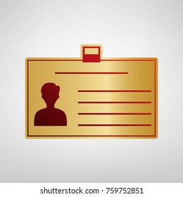 Identification card sign. Vector. Red icon on gold sticker at light gray background.
