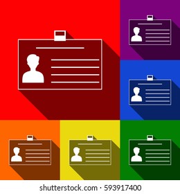 Identification card sign. Vector. Set of icons with flat shadows at red, orange, yellow, green, blue and violet background.