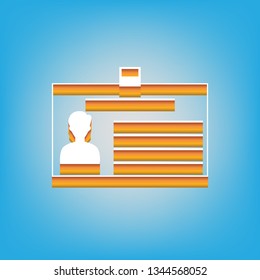 Identification card sign. Vector. White icon with 3d warm-colored gradient body at sky blue background.