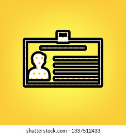 Identification card sign. Vector. Yellow polka dot white icon with black contour at warm yellow background.