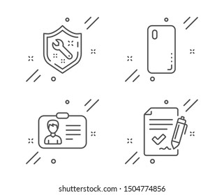 Identification card, Spanner and Smartphone cover line icons set. Approved agreement sign. Person document, Repair service, Phone. Signature document. Technology set. Vector