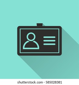 Identification card vector icon with long shadow. Black illustration isolated on green background for graphic and web design.