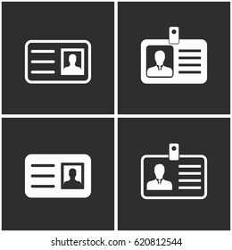 Identification card vector icons set. White illustration on a black background for graphic and web design.