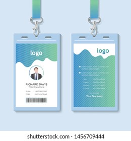 Identification card vector illustration. Blank plastic access card, name tag holder with pin ribbon, corporate card key, personal security badge, press event pass template.